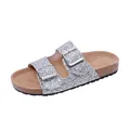 Shiny silver glitter double buckle slide sandals with cork footbed for women 2024 style - 35 / Silver