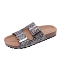 Elegant glittery double buckle slide sandal with comfortable cork footbed and rainbow finish - 35 / Black & Gold
