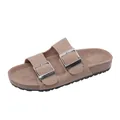 Sandale style Birkenstock en daim kaki avec doubles boucles métalliques - Abricot