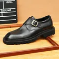 Classic black leather single monk strap shoes for men with chunky sole - 37 / Monk Strap Shoe / Black