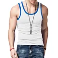 Detail view of men's white athletic tank top with blue trim and ribbed fabric texture. - S / Tops / White
