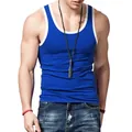 Detail view showing the athletic fit and white contrast piping of this royal blue tank top - Sapphire Blue