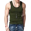 Slim fit men's olive green tank top with black contrast trim and U-neck detail. - S / Tops / Army Green