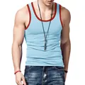 Slim fit mens athletic tank top in light blue color with red contrast trim detail view - S / Tops / Light Blue