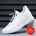 Men's white genuine leather casual shoes featuring breathable perforated mesh design - 37 / White Hollow Style with 6cm Height Increase