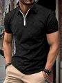 Detail of men's black ice silk polo with jacquard checker pattern and white zipper closure. - S / Tops / Black