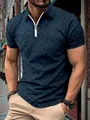 Detail of men's navy blue ice silk jacquard polo shirt featuring a white zipper collar - S / Tops / Navy Blue