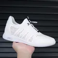 Men's breathable white genuine leather elevator sneakers with hidden height increase. - 37 / White Hollow Style 8cm Height Increase