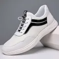 Men's breathable white leather casual sneakers with black stripes and mesh panels - 37 / Flat Mesh Style / White