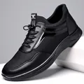 Men's breathable black casual sports shoes with mesh and leather upper details - 37 / Black Mesh Flat Style