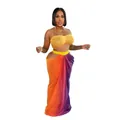 Detail view of beach style two-piece set with yellow bandeau and gradient skirt - 2XL / Top And Bottom / Orange