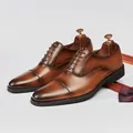 Elegant brown leather cap-toe oxford shoes for men's formal and business occasions - 38 / Brown