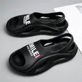 Trendy men's black soft sole sandals with smile print, non-slip casual beach shoes - Black