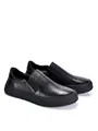 Close-up side view of black leather men's slip-on loafers with thick rubber sole - 38 / Black