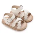 Cream white faux leather baby girl sandals with delicate scalloped edges and buckle - Off White