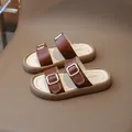 Stylish girls' brown double-strap sandals with gold buckles and soft thick soles. - 21 / Brown