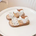 Elegant white girls' sandals decorated with small leather flowers and sparkling crystals - Beige
