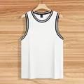 Men's white ribbed knit tank top with black contrast trim on collar - S / Tops / White