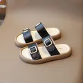 Stylish black kids sandals with golden buckles and comfortable soft beige footbed - 21 / Black