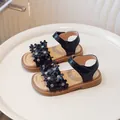 Black girls' princess sandals with 3D floral accents and soft soles for summer wear - Black