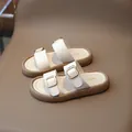 White girls' summer sandals featuring dual gold buckles on a comfortable brown seat base - 21 / Beige