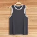 Slim fit charcoal grey knitted ribbed men's tank top with white striped trim. - S / Tops / Charcoal Gray
