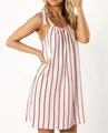 Casual witte zomerjurk met rode verticale strepen en schouderbandjes met vlinderknoop. - S / Dresses / Rood