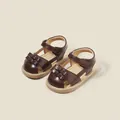 Toddler girl brown leather sandals with decorative bow and Velcro strap - Brown