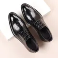 Premium black men's leather dress shoes with crocodile texture and brogue details - Black (22830-1)