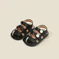 Sandalias de cuero negro para bebé con punta cerrada, botones blancos y velcros - Negro