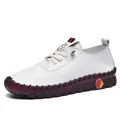 Zapatos casuales de cuero blanco cosidos a mano para mujer con suela suave granate - 35 / Blanco (Estilo Cosido)