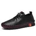 Zapatos planos de cuero negro para mujer con detalles cosidos a mano y suela de goma suave - 35 / Negro (Estilo Cosido)