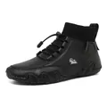 Zapatillas altas tipo calcetín negras de cuero con cuello de punto para hombre y mujer - 35 / Negro (C8005)