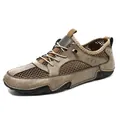 Casual herenschoenen van kaki leer met ademend mesh en een octopus-stijl zool. - Khaki