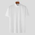 Close-up of white short-sleeved mock neck knit tee with water ripple texture - White