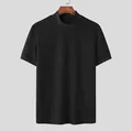 Detail view of men's black ripple textured knit T-shirt featuring a mock neck collar - Black