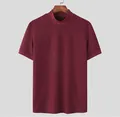 Detailed view of wine red men's mock neck knit t-shirt with premium water ripple texture - Burgundy