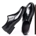 Elegant shiny black leather men's slip-on formal dress shoes for business or weddings. - Black (18008-1)