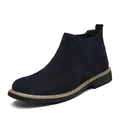 Classic navy blue suede men's Chelsea boots featuring elastic side panels and low heel - 38 / Unlined Style / Dark Blue