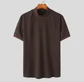 Premium men's mock neck knit T-shirt with a detailed water ripple texture in coffee brown - Brown