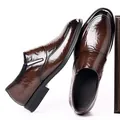 Elegant brown glossy leather slip-on loafers for men in a business formal style. - Brown (18008-1)