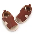 Detailed view of brown faux leather baby sandals with soft soles and velcro straps. - Inner Length 11cm / Tan