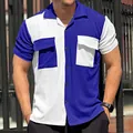 Detail of men's blue and white color block waffle knit short sleeve casual beach shirt - S / Tops / Blue & White