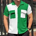 Detail view of men's green and white color-block short sleeve button-down beach shirt - S / Tops / Green/White