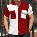Detail of men's red and white color-block short sleeve shirt with chest pockets - S / Tops / White/Wine Red
