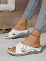 Stylish white wedge beach sandals featuring perforated cross straps and buckle detail for women - 36 / White