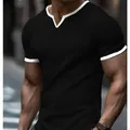 Men's athletic black short sleeve T-shirt with white V-neck trim and grid texture - Black