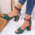 Side view of floral print block heel sandals with green suede peep-toe design - 36 / Green