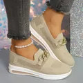 Beige breathable fly-knit wedge loafers for women with decorative gold chain detail - Beige