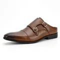 Premium men's brown leather double monk strap mules in a side view for business formal - 40 / Tan